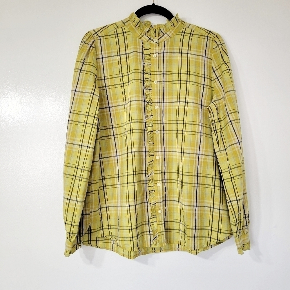 Loft Women's Yellow Plaid Long Sleeve Button Up Ruffle Shirt Size Large - Picture 4 of 12